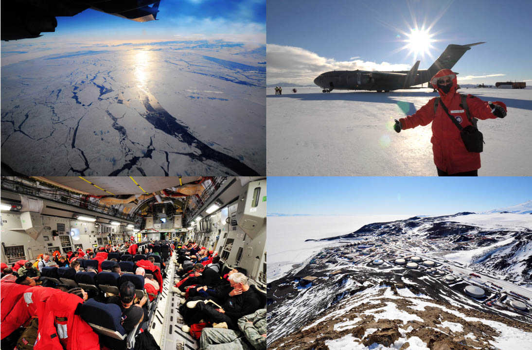前往南極之旅」－抵達南極的窗外美景（左上）、初抵 McMurdo 的興奮（右上）、載著科研人員的 C-17（左下）、夏季可容納 1000 人的 McMurdo 小鎮（右下）