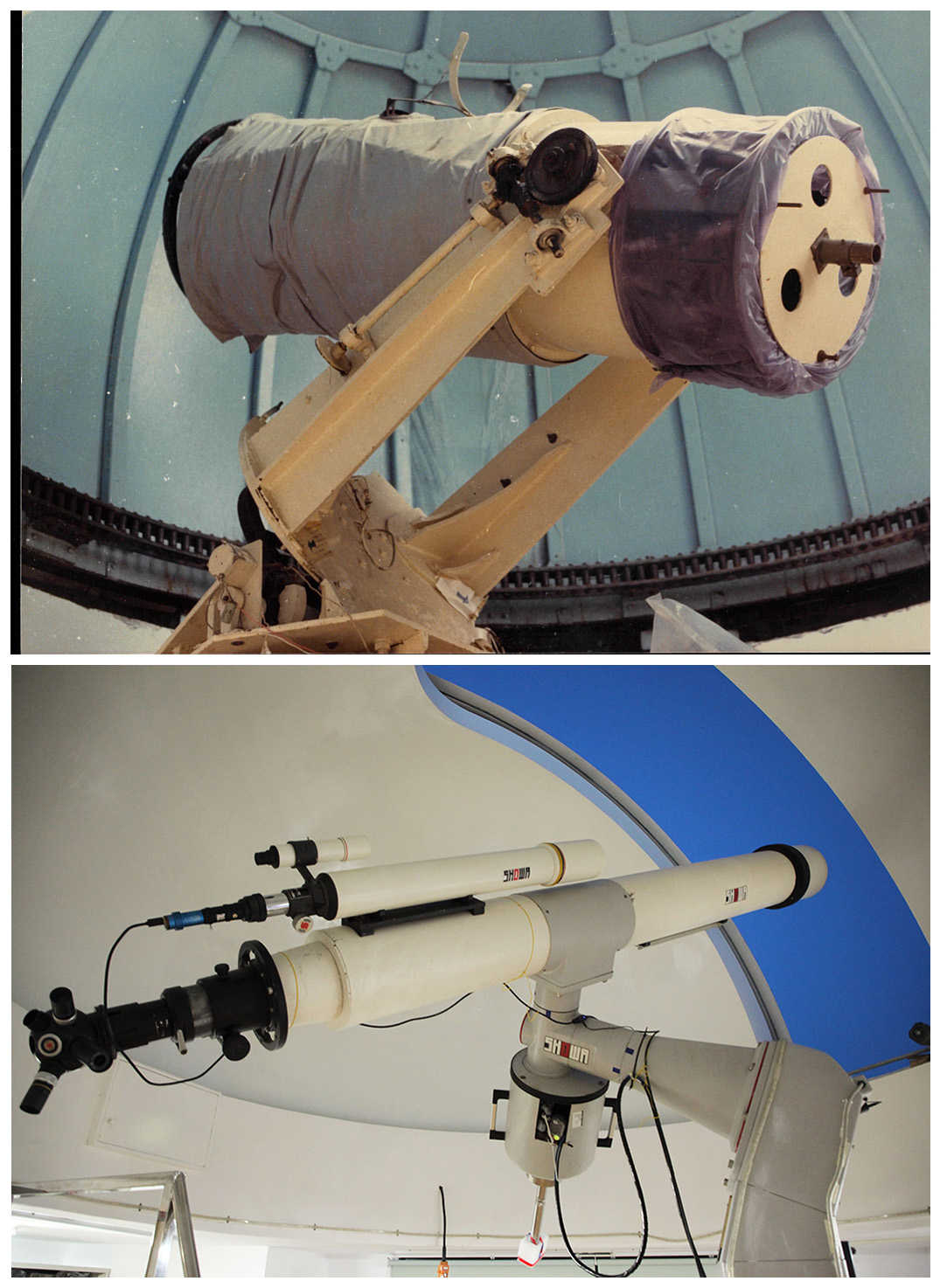 上圖：1971 年 16 吋自製卡式望遠鏡為當年全國最大口徑、下圖：1988 年～今，25 公分折射式望遠鏡為全國最大口徑之折射鏡